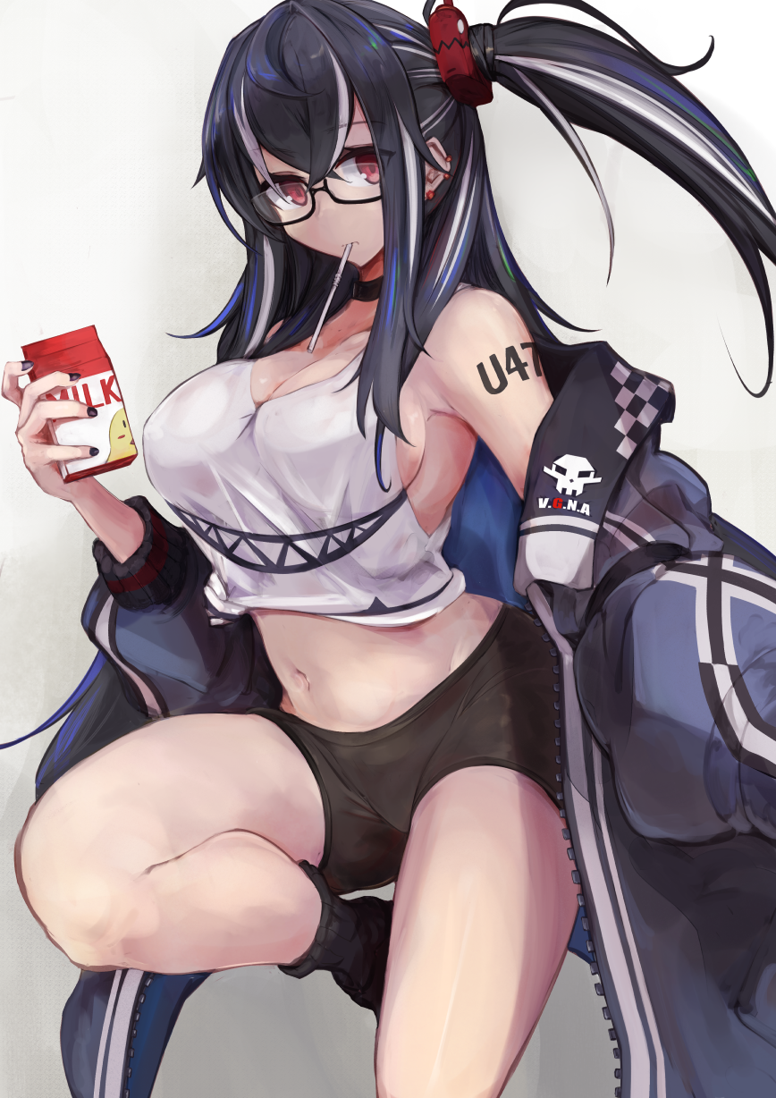 azur_lane, baggy_clothes, bike_shorts, black-framed_eyewear, black_hair, breasts, cross_choker, drinking_straw