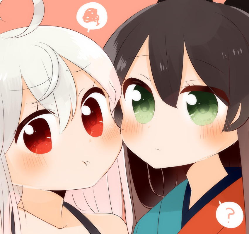 2girls, ?, absurdres, ahoge, black_bow, black_hair, black_shirt, blush, bow, cheek-to-cheek, chiya_(urara_meirochou), collarbone, green_eyes, hair_between_eyes, hair_bow, highres, japanese_clothes, kimono, long_hair, multicolored, multicolored_clothes, multicolored_kimono, multiple_girls, pout, red_eyes, ribbon, shirt, silver_hair, simple_background, sleeveless, sleeveless_shirt, tank_top, tasogaren_212, tatsumi_kon, urara_meirochou, very_long_hair, yuri