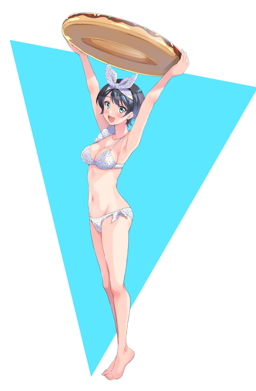 1girl, arms_up, barefoot, bikini, black_hair, blue_background, blue_eyes, breasts