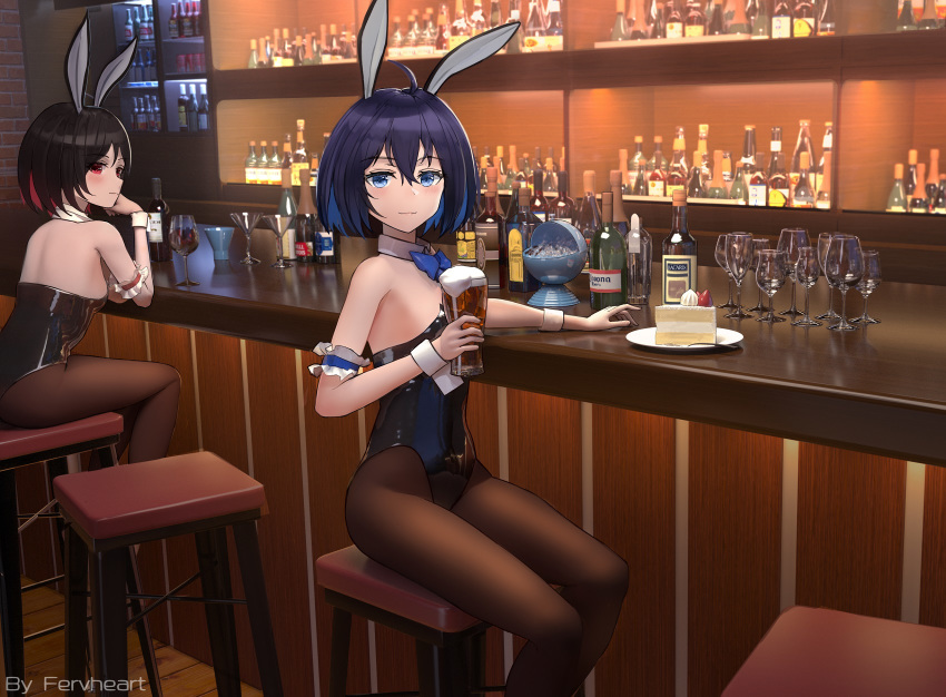 2girls, alcohol, animal_ears, armband, beer, black_hair, black_legwear, black_leotard, blue_eyes, blue_hair, blue_neckwear, bottle, bow, bowtie, bunny_girl, bunny_tail, bunnysuit, cake, chinese_commentary, commentary_request, counter, cup, detached_collar, drinking_glass, fake_animal_ears, fervheart, food, glass, highres, honkai_(series), honkai_impact_3rd, leotard, multicolored_hair, multiple_girls, pantyhose, rabbit_ears, red_eyes, redhead, seele_(alter_ego), seele_vollerei, shiny, shiny_clothes, sitting, solo_focus, stool, strapless, strapless_leotard, tail, two-tone_hair, wine, wine_glass, wrist_cuffs