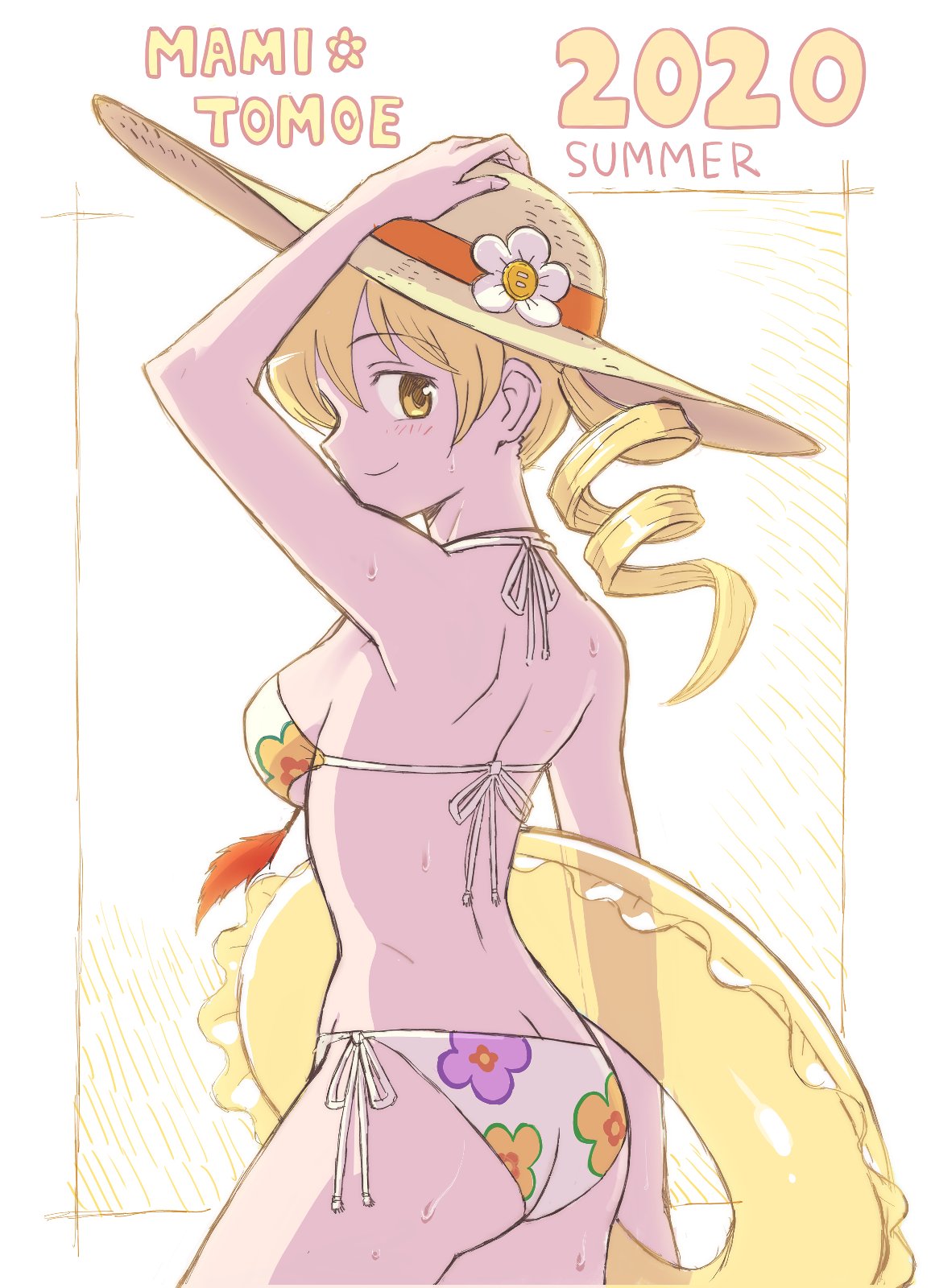 1girl, arm_up, bikini, blonde_hair, blush, breasts, commentary_request, drill_hair