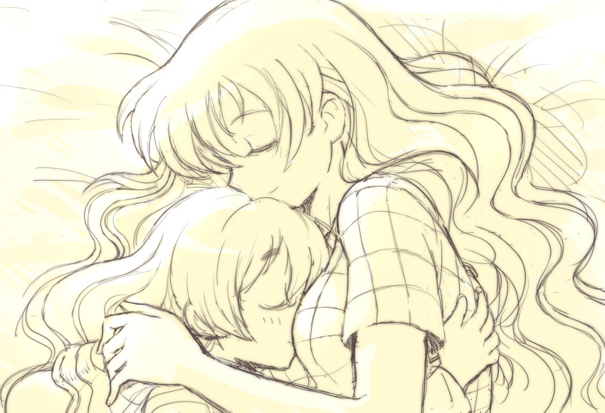 2girls, between_breasts, breasts, closed_eyes, commentary_request, head_between_breasts, highres, hug