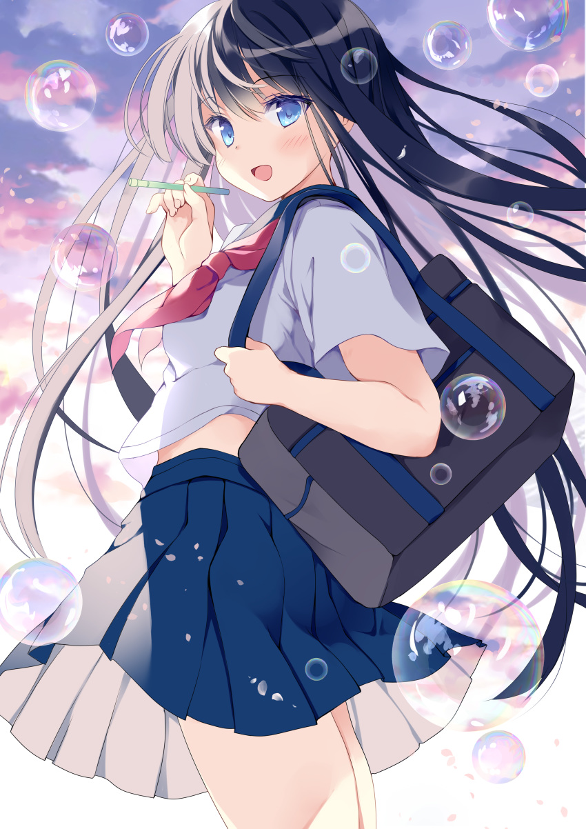 1girl, :d, absurdres, bag, bangs, black_hair, blue_eyes, blue_skirt