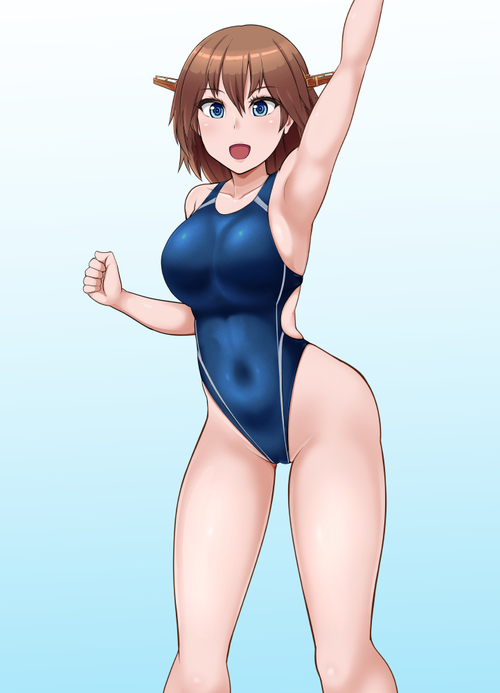 1girl, blue_eyes, blue_swimsuit, brown_hair, commentary_request, competition_swimsuit, feet_out_of_frame, flipped_hair