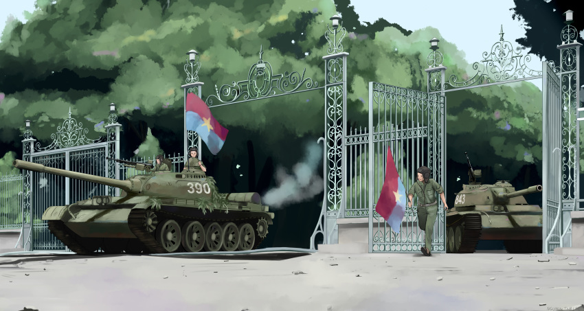 3boys, absurdres, caterpillar_tracks, flag, forest, gate, ground_vehicle, gun