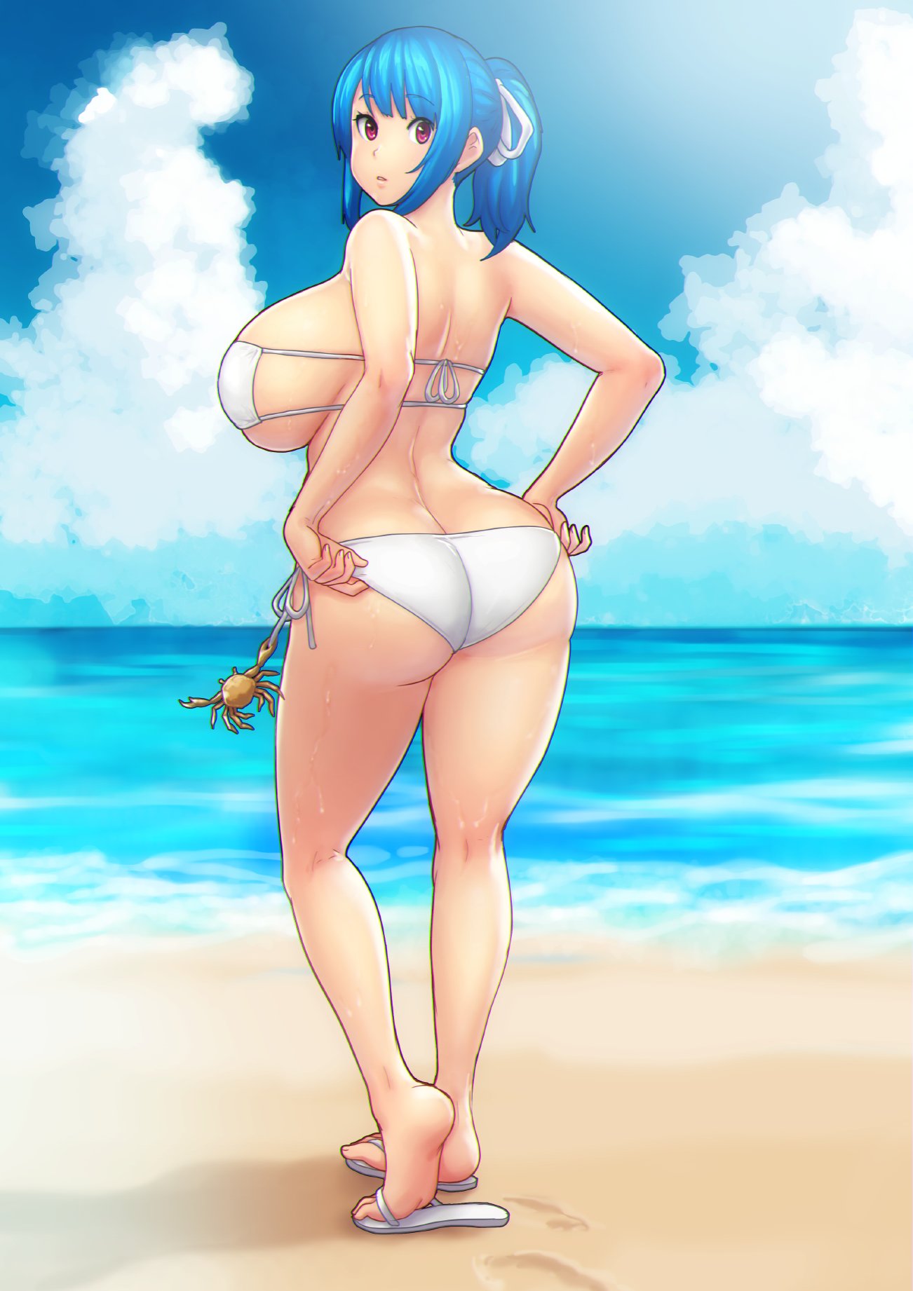 1girl, adjusting_clothes, adjusting_swimsuit, ass, bikini, blue_hair, breasts, clouds