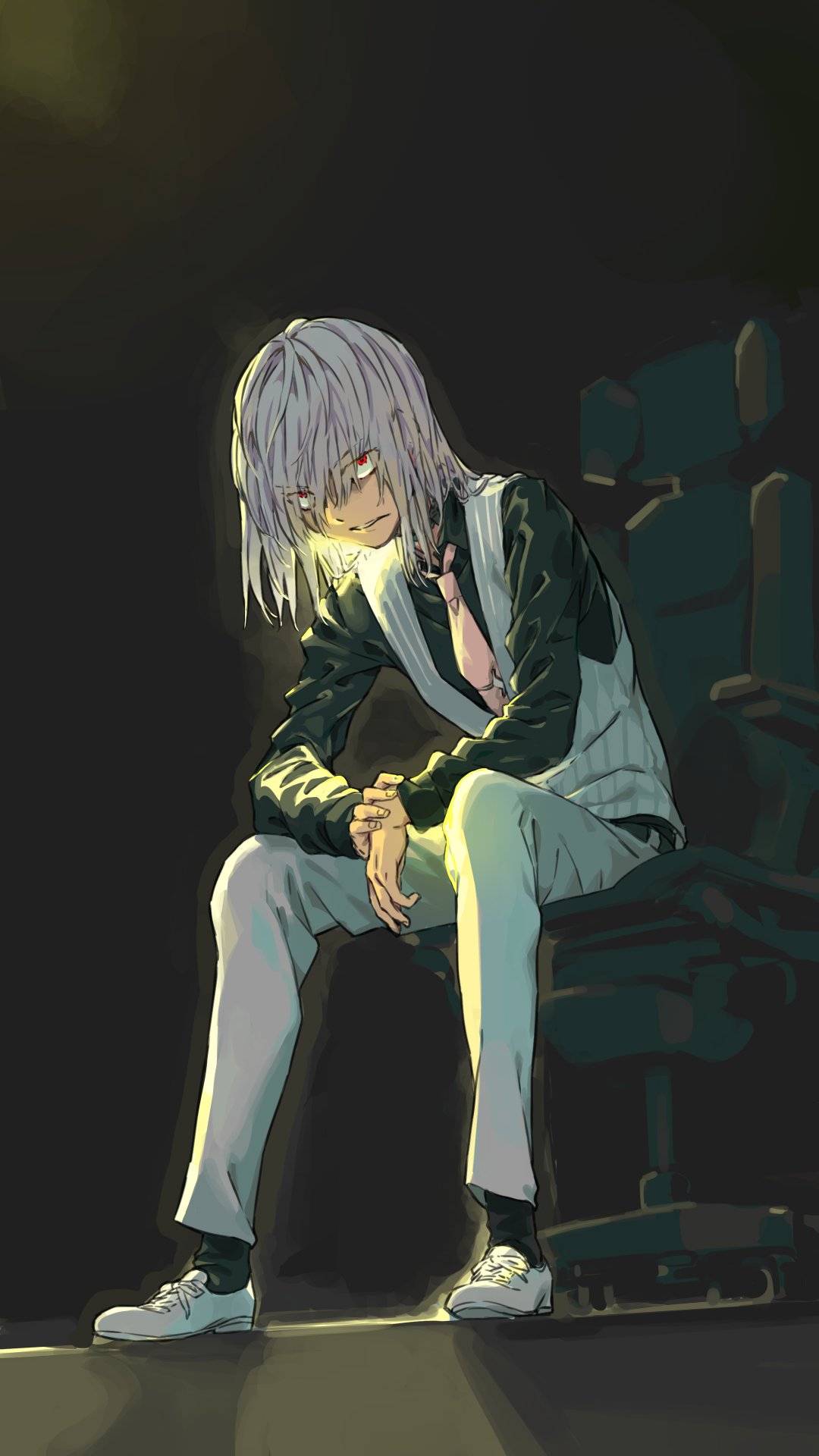 accelerator, alternate_costume, arms_on_knees, bangs, belt, black_background, black_legwear, black_shirt