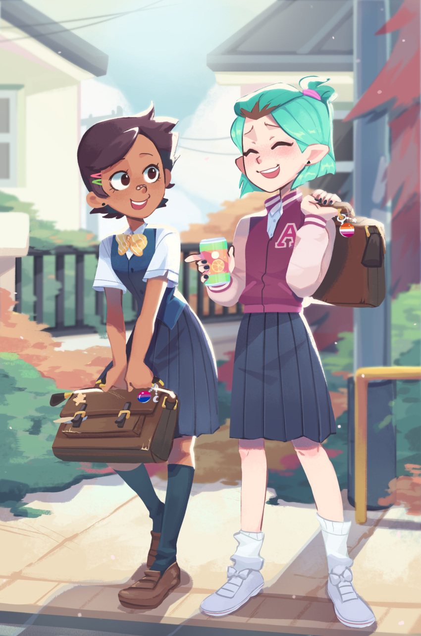 2girls, absurdres, alternate_costume, amity_blight, bag, brown_hair, can, closed_eyes