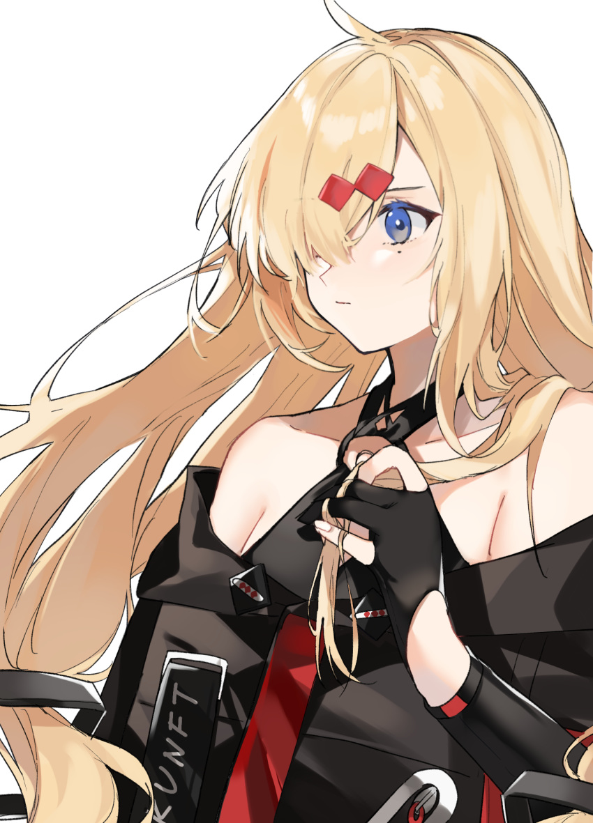 1girl, alternate_costume, aogisa, bare_shoulders, black_gloves, blonde_hair, blue_eyes, closed_mouth