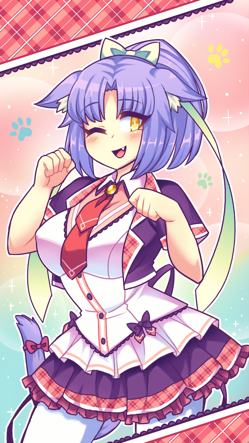 1girl, absurdres, animal_ears, bangs, black_skirt, blush, bow, breasts