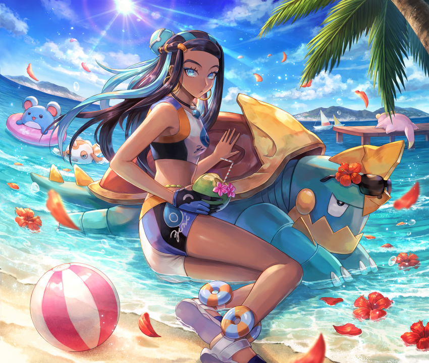 1girl, ball, beachball, belly_chain, bike_shorts, black_hair, blue_eyes, blue_eyeshadow