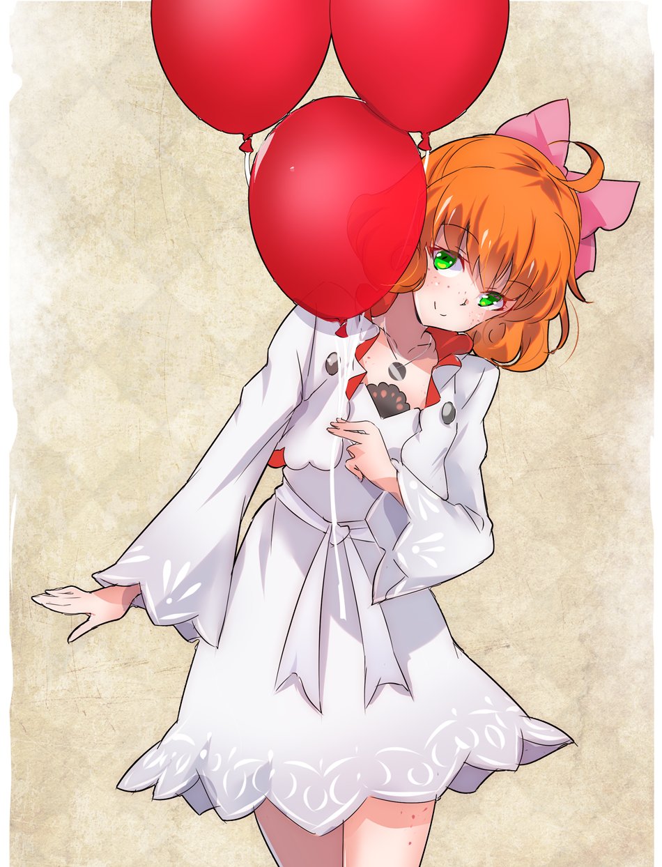 1girl, balloon, bow, curly_hair, dress, freckles, green_eyes, hair_bow