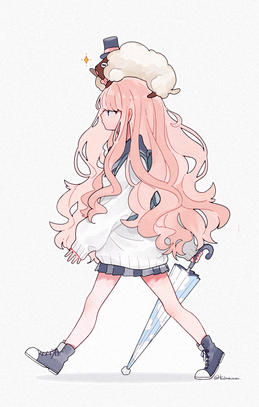 1boy, 1girl, blue_eyes, blue_footwear, blue_sailor_collar, blue_skirt, closed_umbrella, curly_hair, hat, horizontal_pupils, long_hair, open_mouth, orange_hair, original, pleated_skirt, sailor_collar, sheep, sheep_friend_(tsubaki_tsubara), signature, skirt, sleeves_past_wrists, sparkle, striped, sweater, top_hat, tsubaki_tsubaru, umbrella, umbrella_girl_(tsubaki_tsubara), white_background, white_sweater