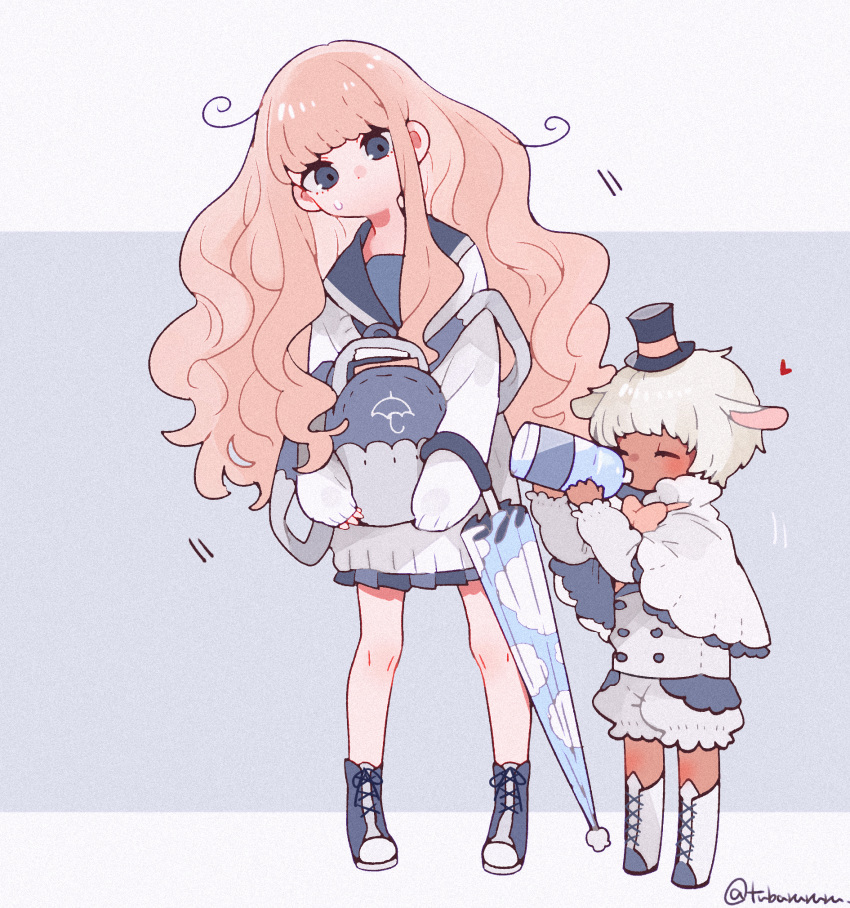 1boy, 1girl, animal_ears, bangs, blue_backpack, blue_eyes, blue_footwear, blue_sailor_collar