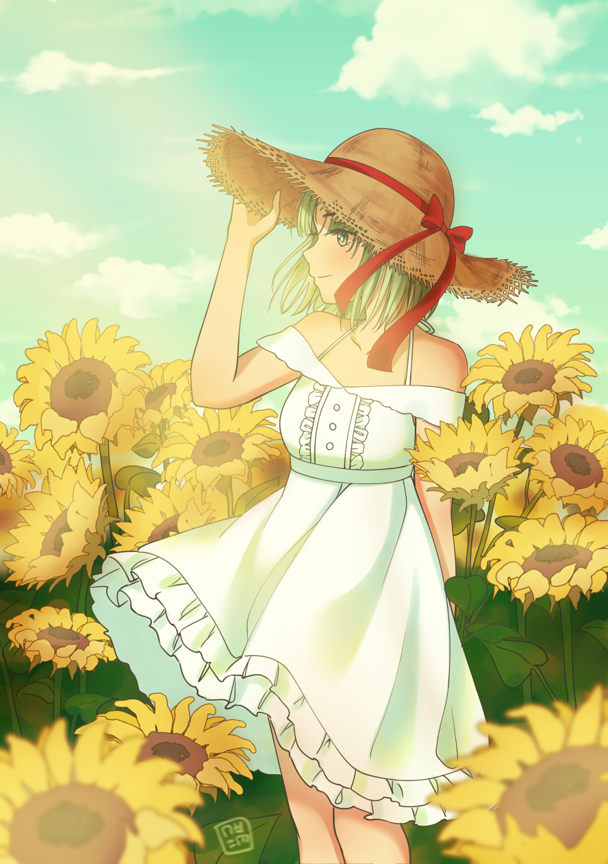 dress, flower, green_hair, hat, highres, nyoomdoesstuff, phonon_(under_night_in-birth), short_hair