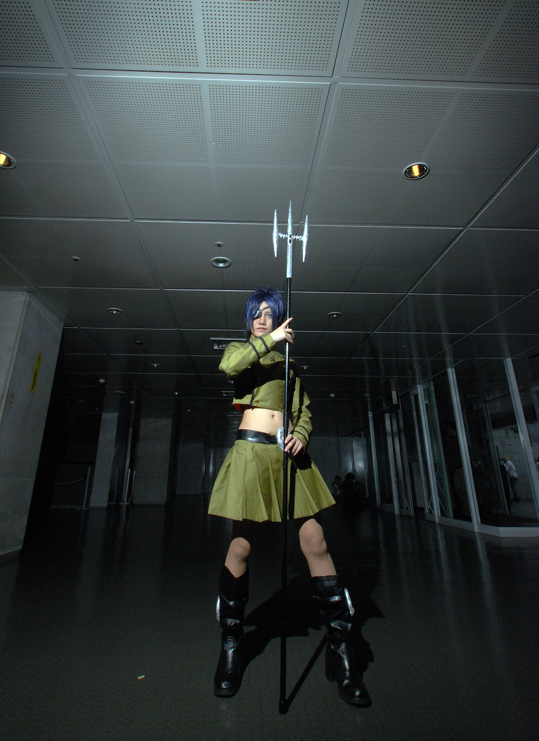 blue_hair, boots, chrome_dokuro, cosplay, eyepatch, isumi, kateikyoushi_hitman_reborn, midriff
