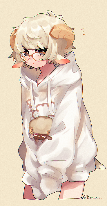 1boy, animal_ears, black_eyes, blonde_hair, curly_hair, expressionless, glasses, horns