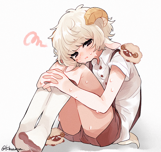 1boy, animal_ears, black_eyes, blonde_hair, blush, collared_shirt, hands_together, horns