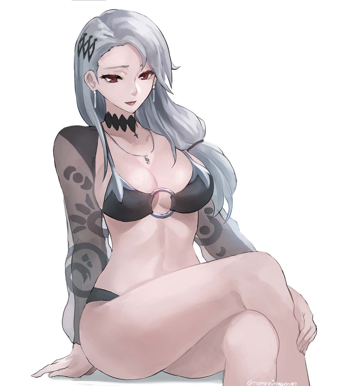 1girl, bikini, black_bikini, breasts, brown_eyes, choker, commentary, crossed_legs