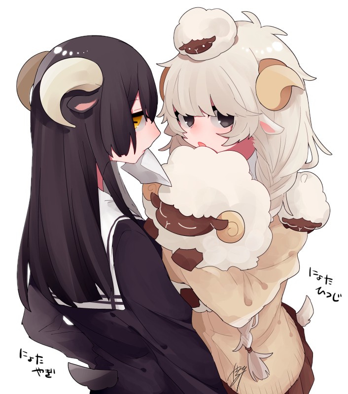 2girls, animal_ears, black_eyes, black_hair, black_serafuku, blonde_hair, braid, brown_skirt
