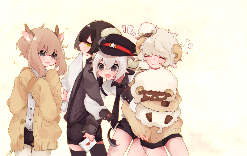 4boys, animal_ears, arm_grab, bangs, black_eyes, black_hair, black_headwear, black_legwear