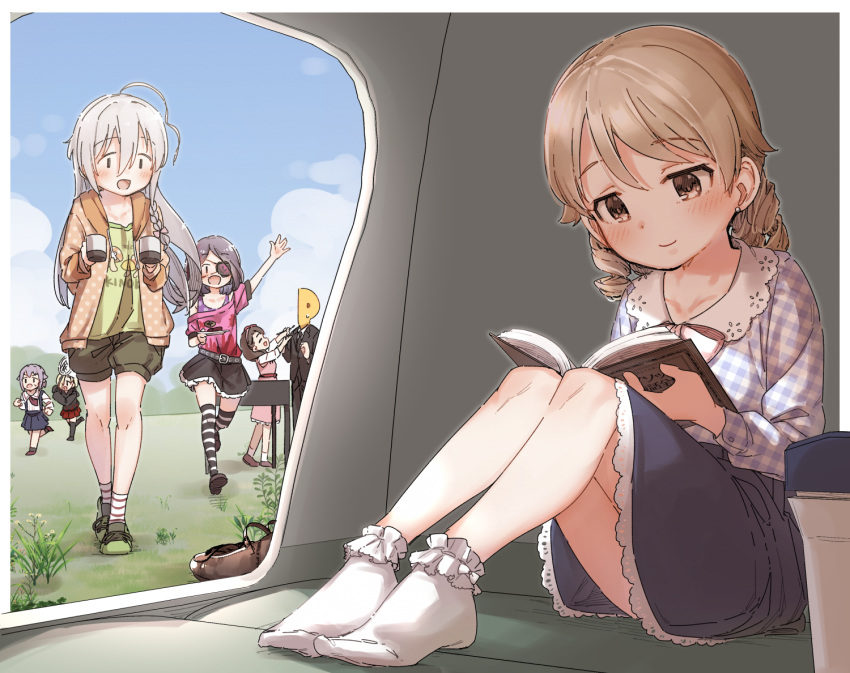 1other, 6+girls, :d, ahoge, arm_up, bangs, black_hair, black_jacket