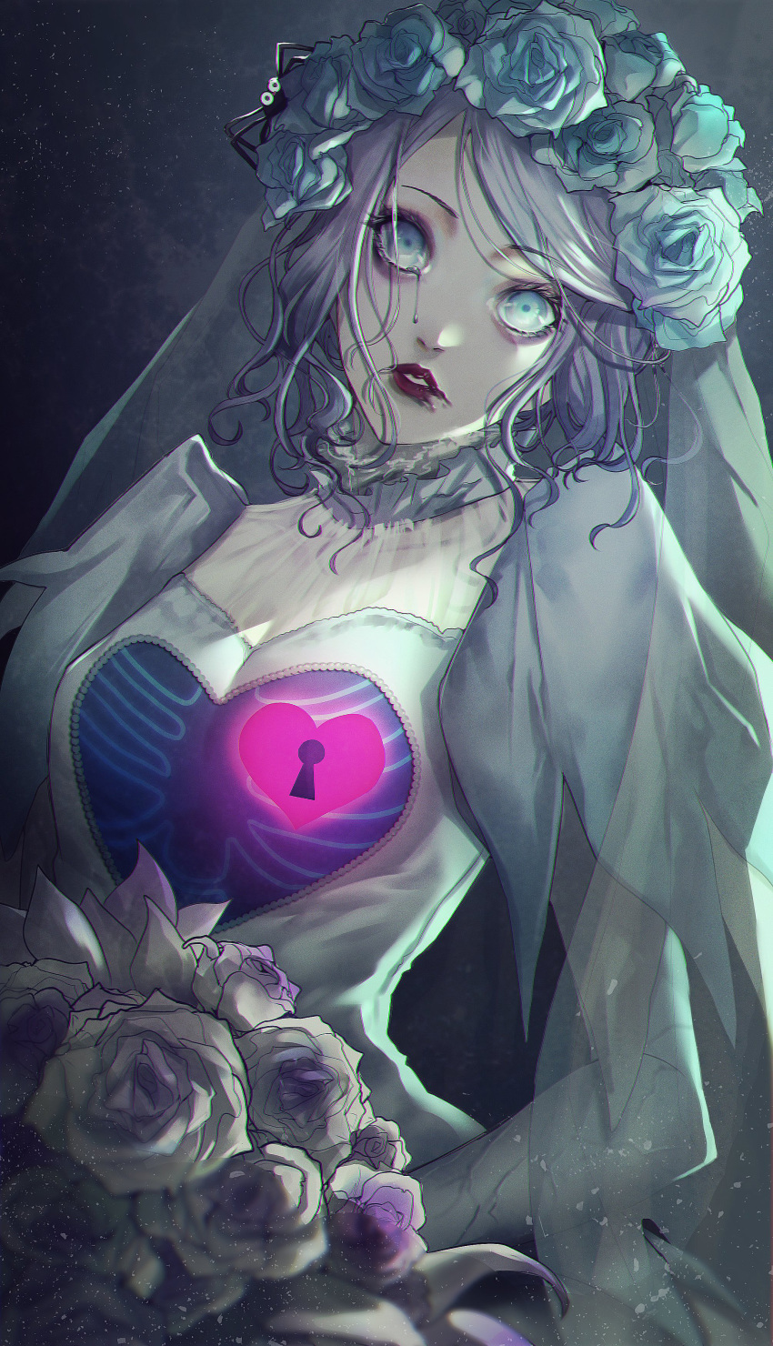 1girl, absurdres, aqua_eyes, bangs, blue_flower, blue_rose, bouquet, breasts