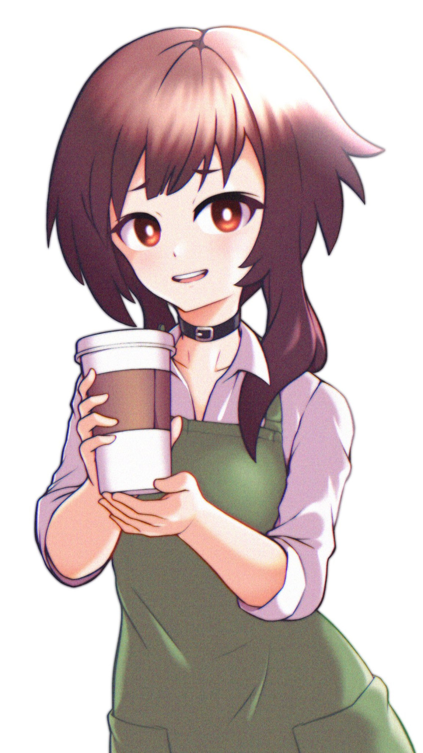 1girl, alternate_costume, apron, barista, bright_pupils, coffee, coffee_cup, collared_shirt