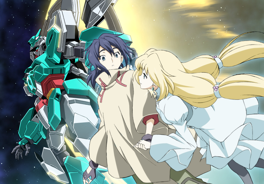 1boy, 1girl, absurdres, aqua_eyes, black_eyes, black_gloves, black_hair, blonde_hair