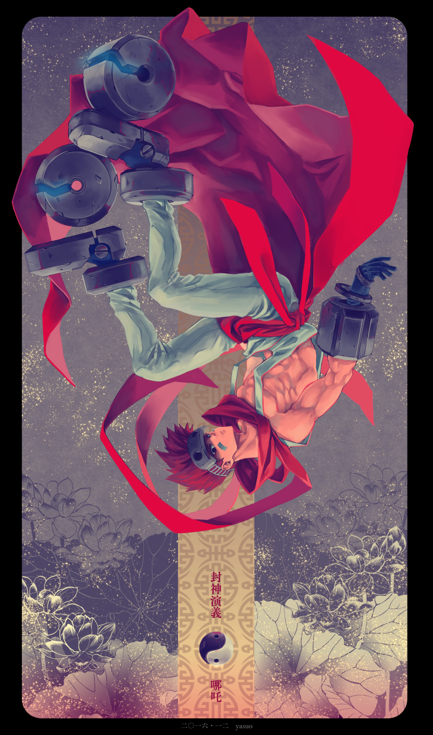 1boy, bare_chest, black_gloves, closed_mouth, facial_mark, floating_hair, flower, gloves