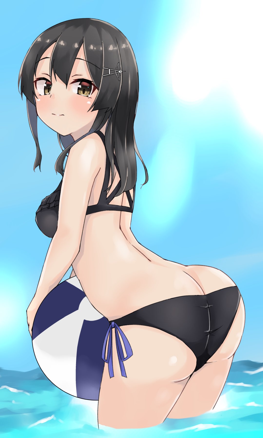 1girl, ass, ball, beachball, bikini, black_bikini, black_hair, blue_sky, brown_eyes, clouds, cowboy_shot, disconnected_mouth, from_behind, hair_ornament, hairclip, highres, kantai_collection, looking_at_viewer, oyashio_(kantai_collection), side-tie_bikini, sky, soaking_feet, solo, standing, swimsuit, wasumi_kei, water