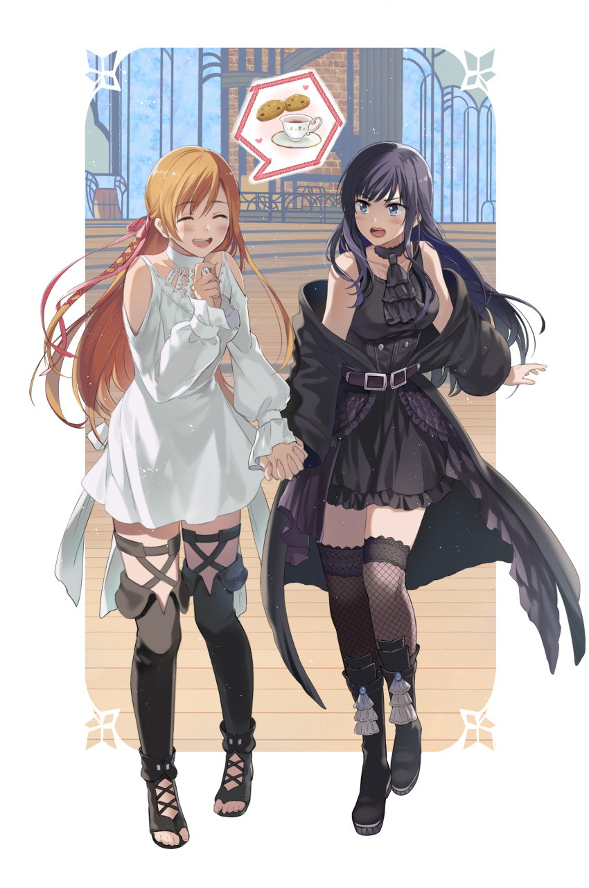 2girls, :d, absurdres, babape, black_dress, black_footwear, black_hair, blonde_hair, blue_eyes, boots, breasts, closed_eyes, collarbone, dress, final_fantasy, final_fantasy_xiv, fishnet_legwear, fishnets, floating_hair, full_body, gaia_(ff14), hair_ribbon, highres, holding_hands, interlocked_fingers, long_hair, medium_breasts, multiple_girls, open_mouth, pink_ribbon, ribbon, ryne, shiny, shiny_hair, short_dress, shoulder_cutout, sleeveless, sleeveless_dress, smile, thigh-highs, thigh_boots, very_long_hair, white_background, white_dress, zettai_ryouiki