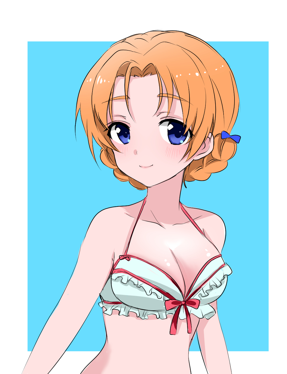 1girl, airi_(akamichiaika), bikini, bikini_top, blue_eyes, border, braid, brown_hair
