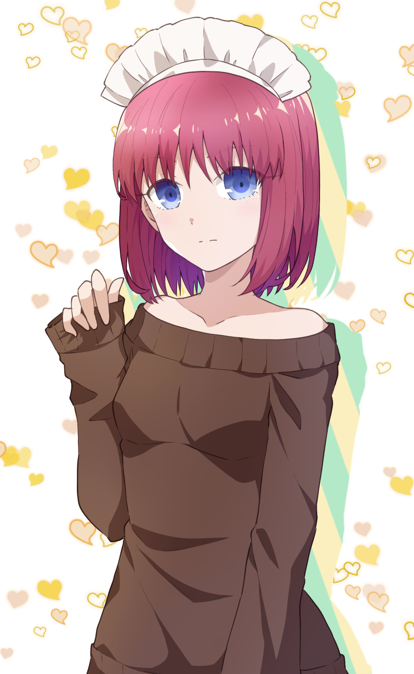 1girl, absurdres, azami_masurao, bangs, blue_eyes, brown_sweater, collarbone, dress