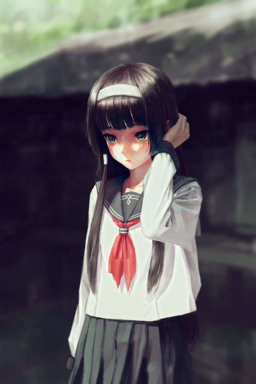 1girl, bangs, bishoujo_mangekyou, black_hair, black_skirt, blunt_bangs, blurry, blurry_background