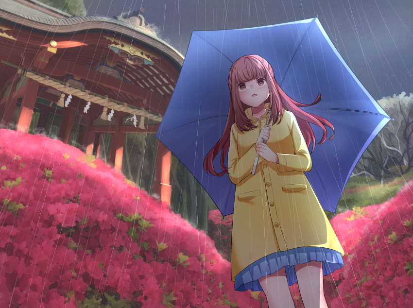 1girl, :o, blue_skirt, blue_umbrella, blush, brown_eyes, brown_hair, building