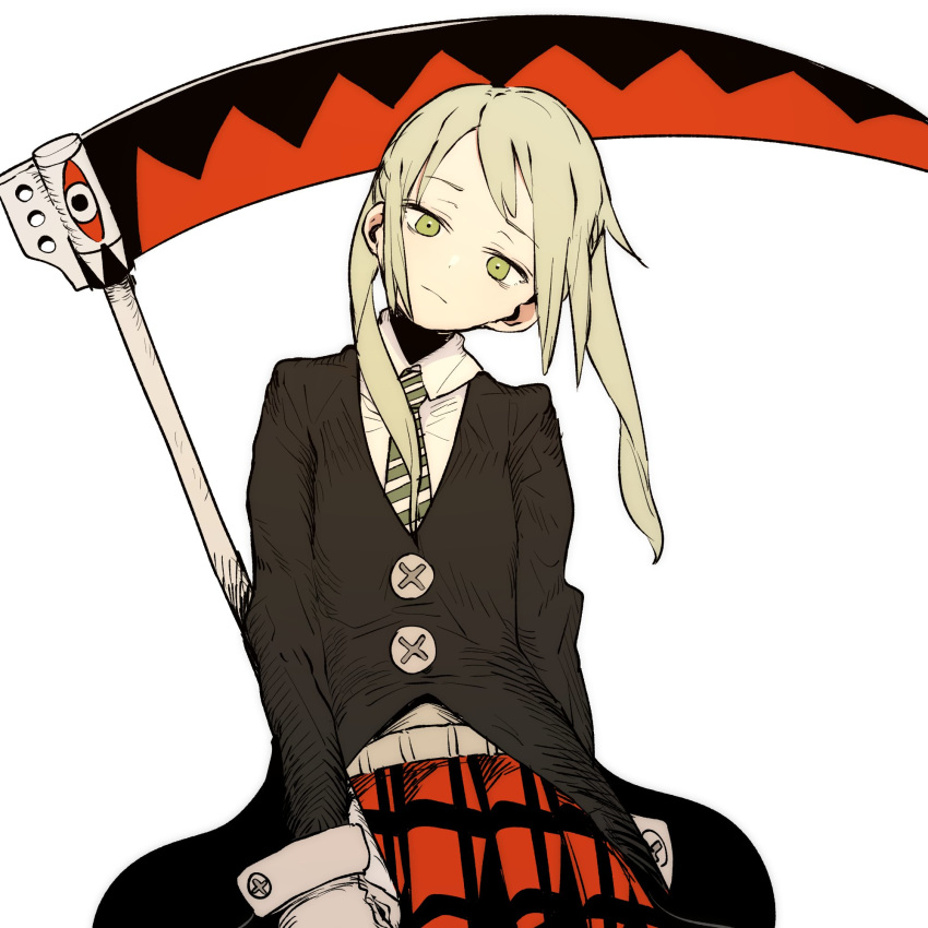 1girl, black_jacket, blonde_hair, closed_mouth, ddari, gloves, green_eyes, green_neckwear