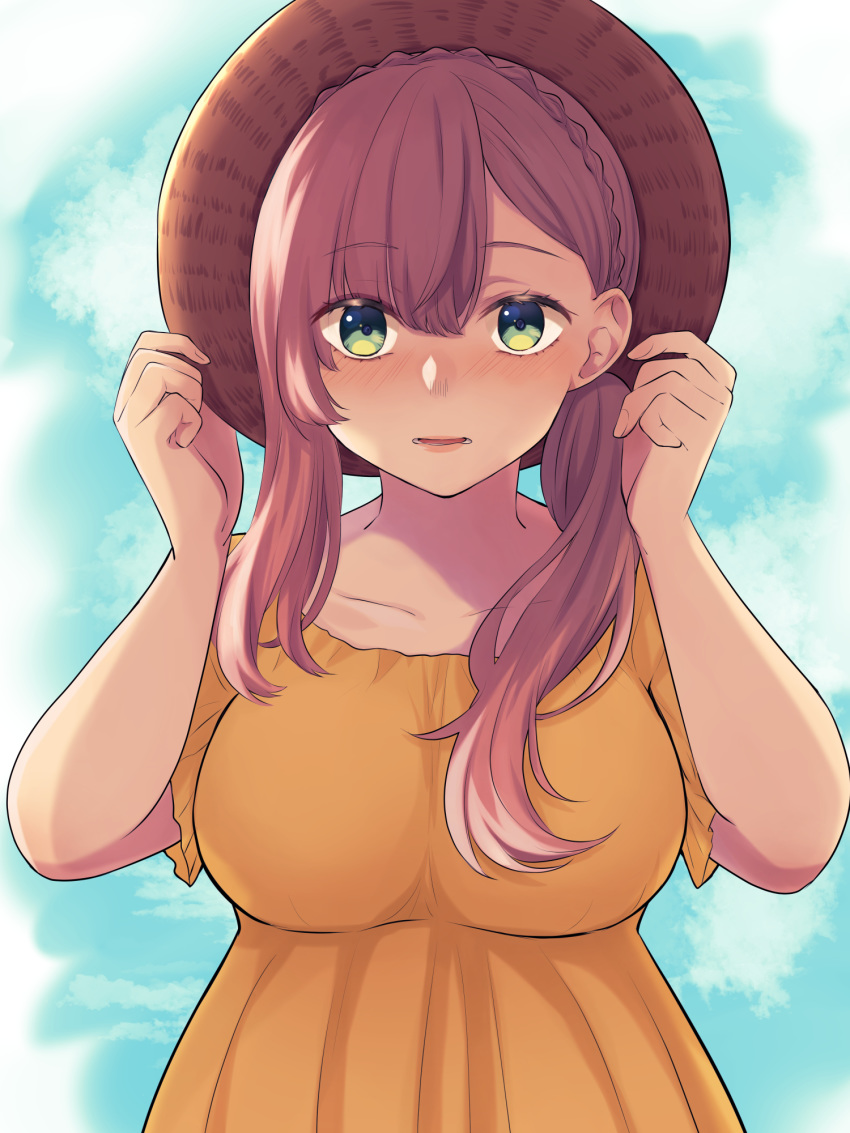 1girl, braid, breasts, day, dress, green_eyes, hands_up, hat