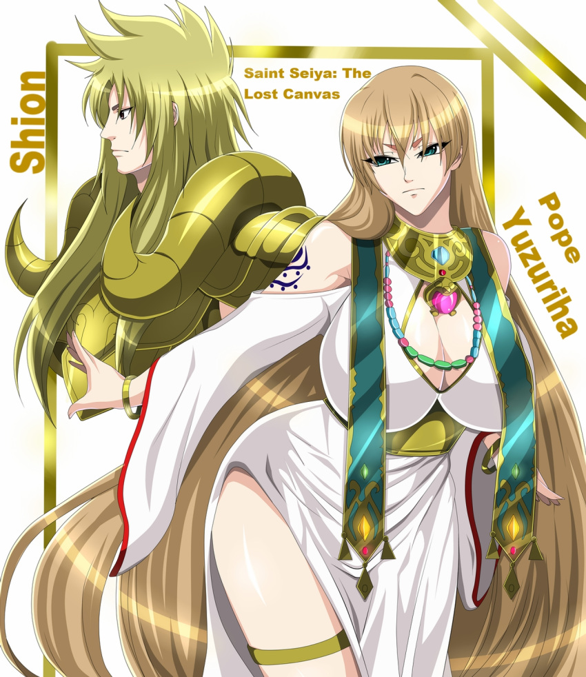 1boy, 1girl, aries_shion, armor, breasts, brown_eyes, crane_yuzuriha, gold_armor