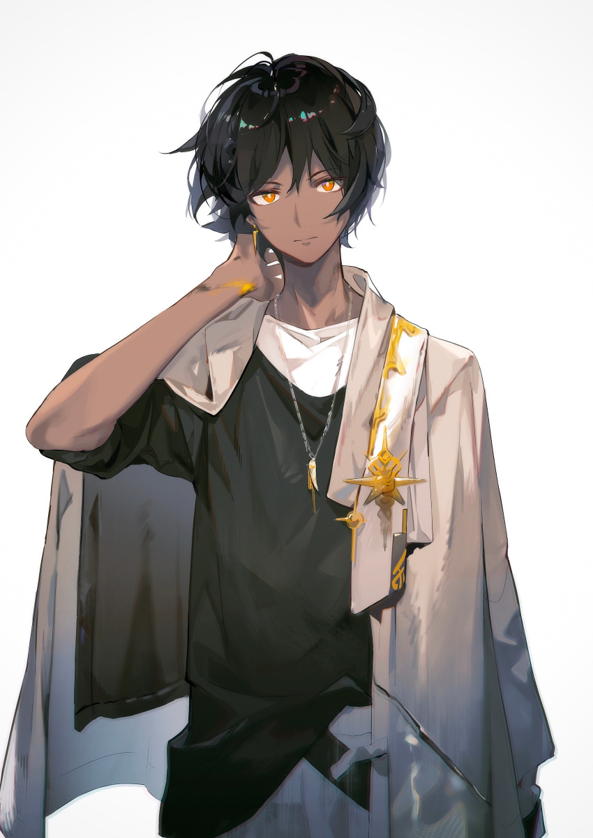 1boy, absurdres, arknights, black_hair, black_shirt, coat, coat_on_shoulders, dark_skin