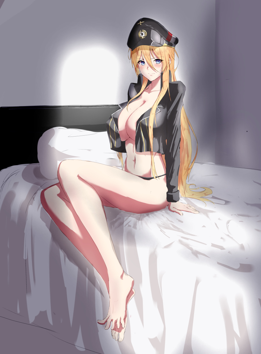 1girl, absurdres, azur_lane, bismarck_(azur_lane), black_headwear, black_jacket, black_panties, blonde_hair