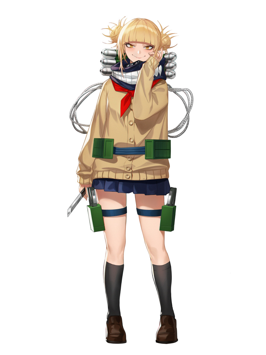 1girl, absurdres, bangs, black_legwear, blonde_hair, blue_skirt, blunt_bangs, blush