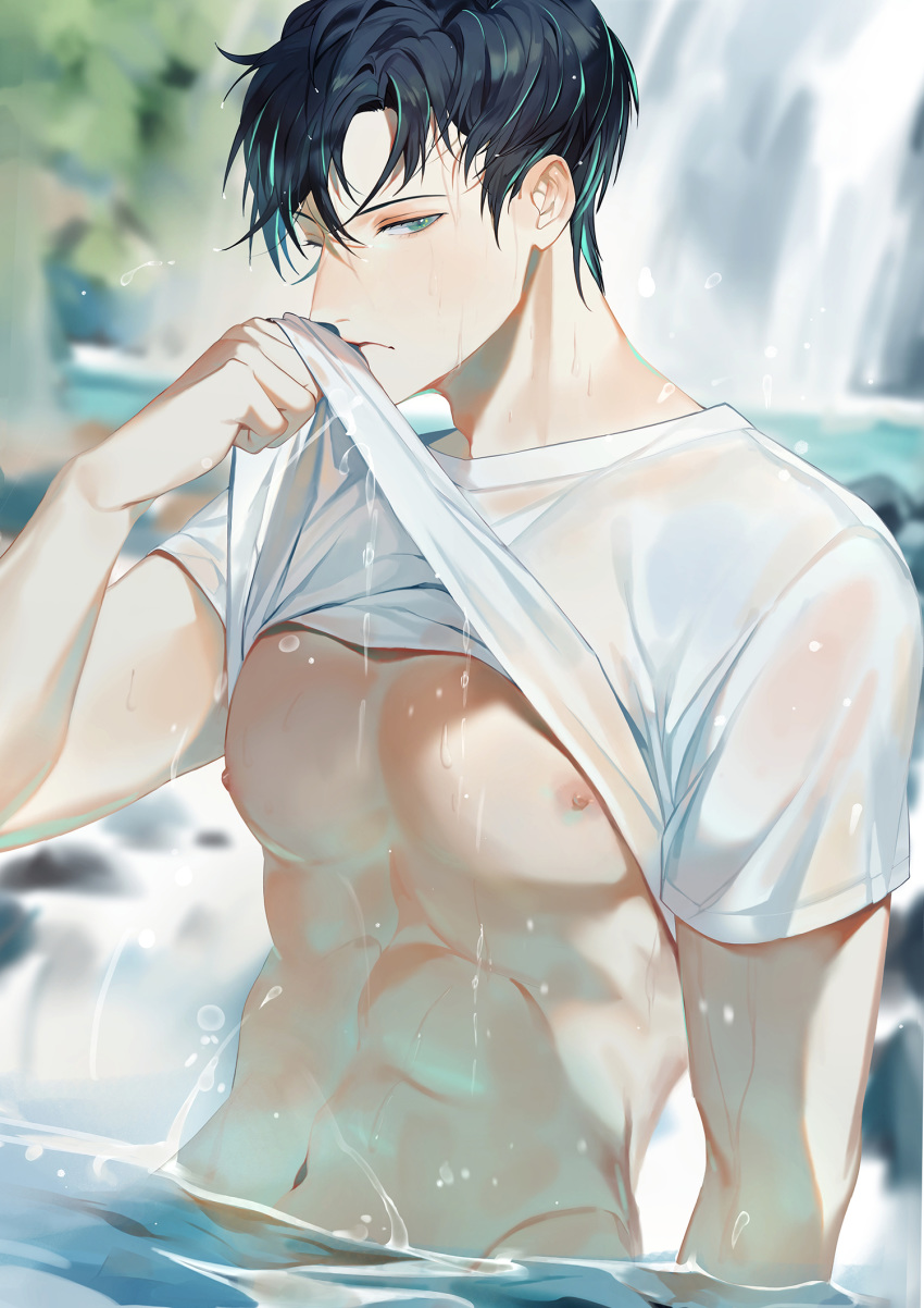 1boy, abs, adam's_apple, aqua_eyes, bangs, bare_chest, black_hair, blurry, butterfly39561, day, depth_of_field, dripping, half-closed_eye, hand_up, highres, lifted_by_self, looking_at_viewer, male_focus, navel, nipples, one_eye_closed, original, outdoors, river, see-through, shirt, shirt_lift, short_hair, short_sleeves, solo, standing, upper_body, wading, water, water_drop, waterfall, wet, wet_clothes, wet_hair, wet_shirt, white_shirt