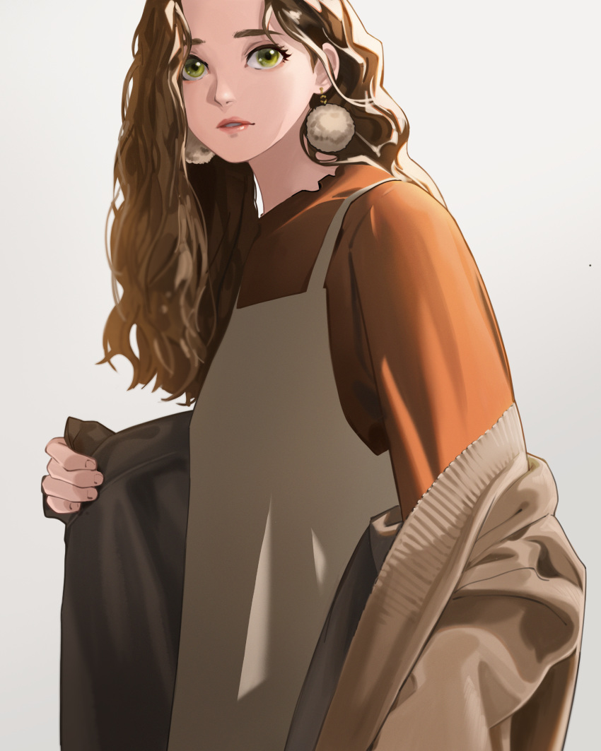 1girl, absurdres, bangs, brown_dress, brown_hair, brown_jacket, commentary_request, dress