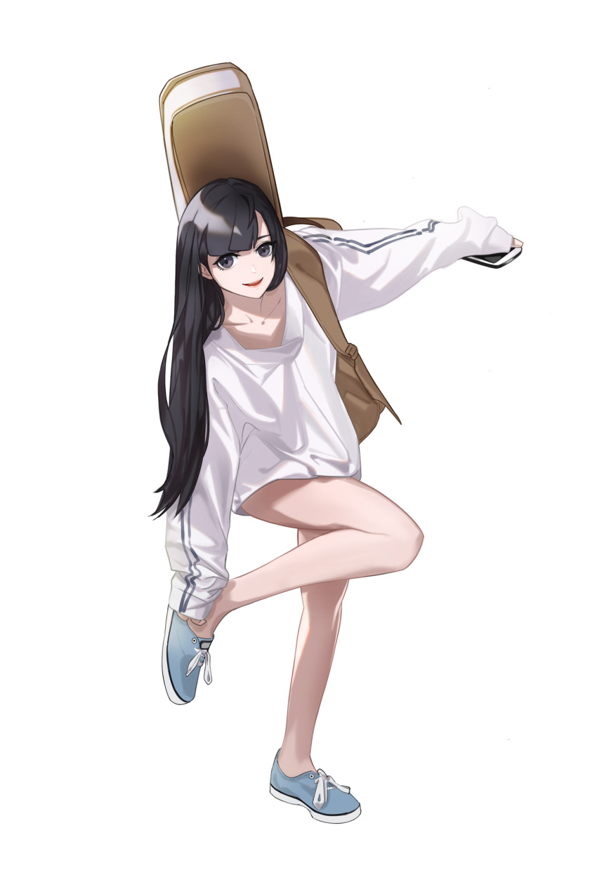 1girl, arm_up, bangs, bare_legs, black_eyes, black_hair, blue_footwear, brown_bag