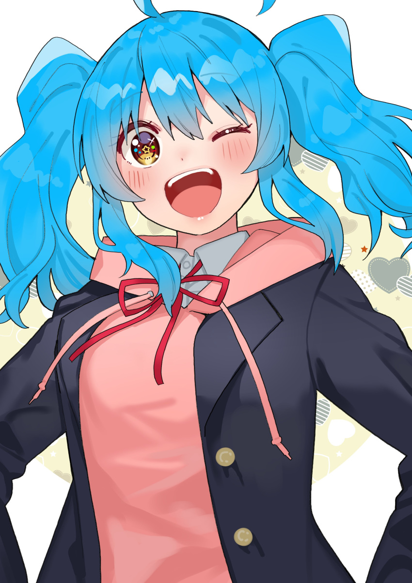 1girl, absurdres, ahoge, bangs, blazer, blue_hair, brown_eyes, drawstring