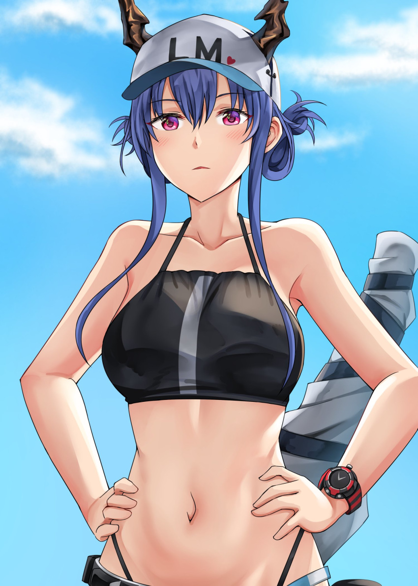 1girl, arknights, bangs, bare_arms, bare_shoulders, baseball_cap, bikini, black_bikini, blue_hair, blue_sky, blush, breasts, ch'en_(arknights), clouds, commentary, day, dragon_horns, hair_between_eyes, hands_on_hips, hat, heart, highres, horns, horns_through_headwear, long_hair, looking_at_viewer, medium_breasts, navel, sidelocks, sky, solo, springveiv, stomach, swimsuit, upper_body, violet_eyes, watch, watch, white_headwear