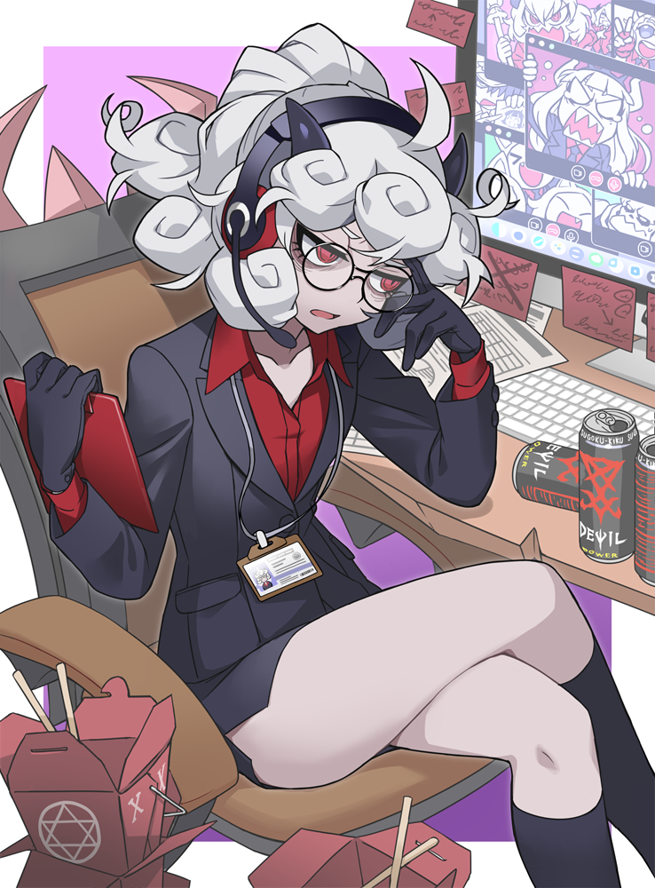 1girl, black_gloves, black_horns, breasts, cerberus_(helltaker), chair, commentary_request, crossed_legs