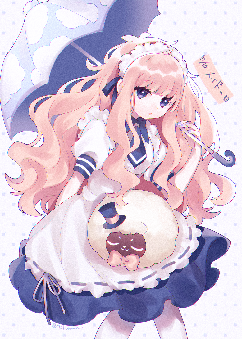 1boy, 1girl, apron, bangs, blue_eyes, blue_nails, blue_neckwear, blue_ribbon
