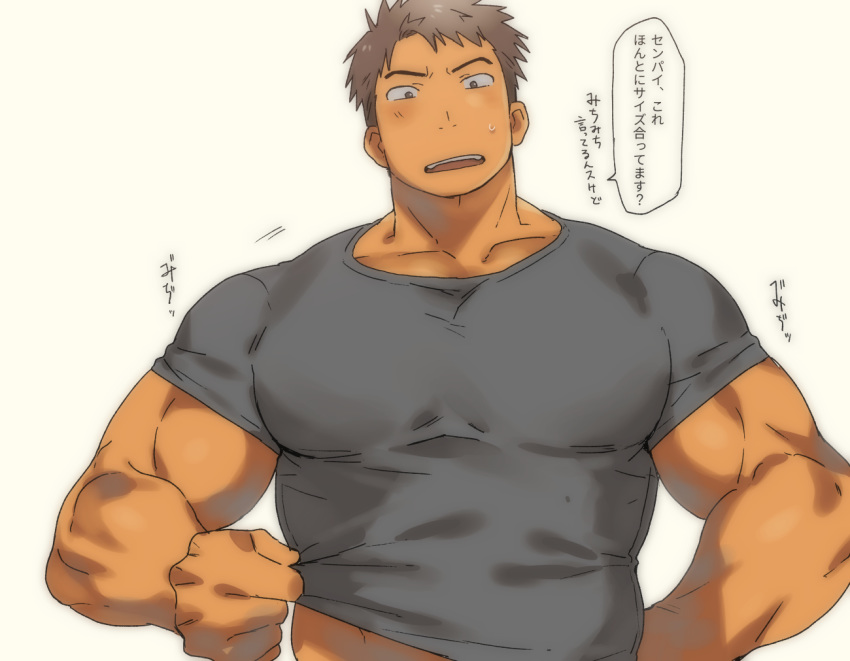 1boy, abs_peek, bara, blush, chest, grey_eyes, grey_hair, grey_shirt, looking_at_viewer, male_focus, muscle, original, pectorals, shirt, shirt_lift, short_hair, simple_background, solo, speech_bubble, st05254, sweatdrop, translation_request, white_background